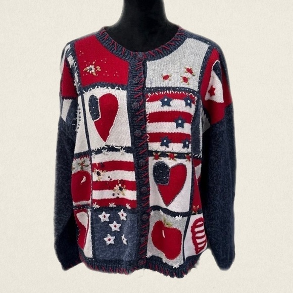 Heirloom Collectibles Sweaters - Heirloom Collectibles XL CottageCore Grandma Sweater Cardigan Red Hearts Blue